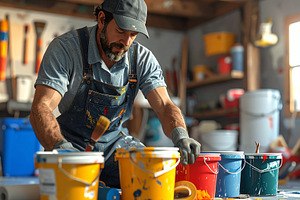 Residential man painter mixing paint in a workshop, a Person Photo by DanFLCreativo