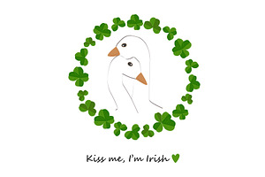 Goose couple in clover leaves wreath, an Animal Illustration by Toltemara