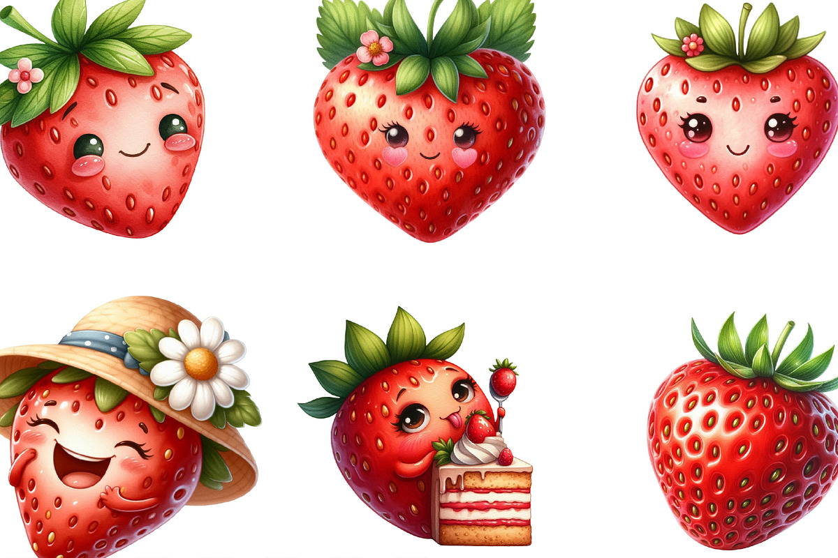 Watercolor Cute Strawberry Clipart, an Illustration by Designking (Photo 3 of 4)
