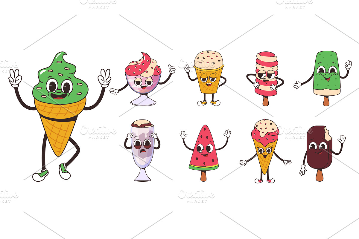 Ice cream retro characters. Groovy, an Illustration by LadadikArt