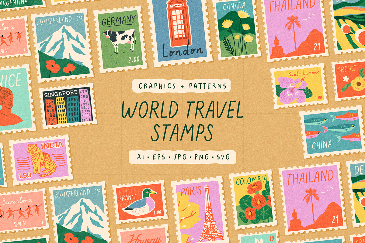 World Stamps: Graphics & Patterns, a Pattern Graphic by Dedraw Studio (Photo 1 of 10)