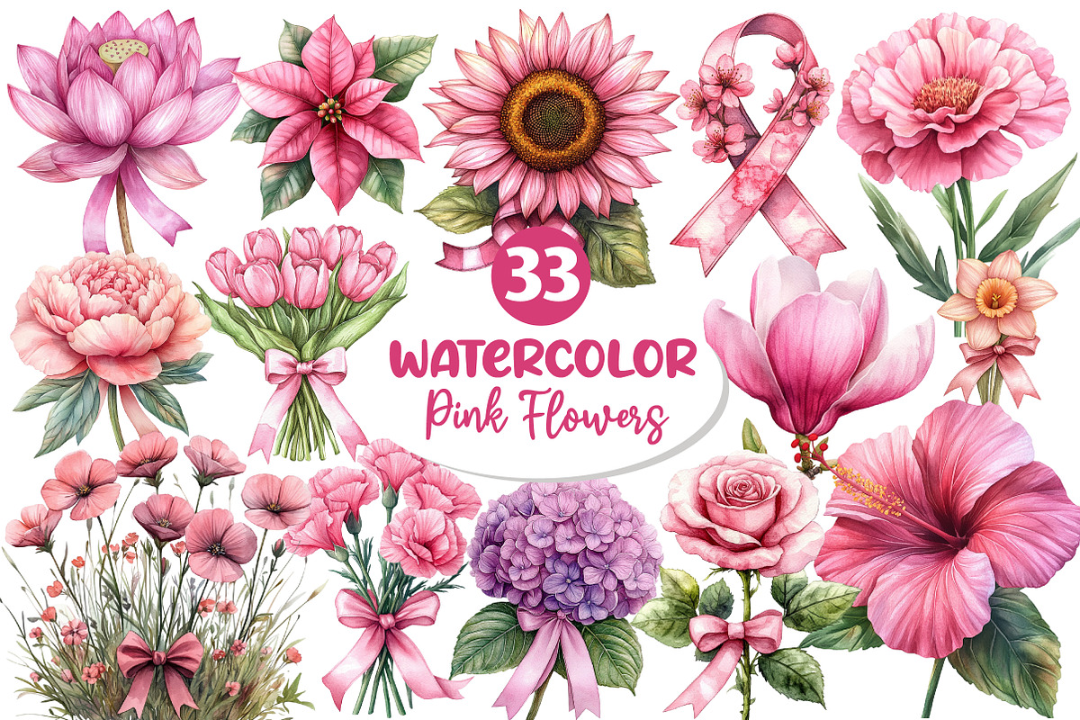 Pink Flowers Watercolor Clipart, an Illustration by Dream Creation (Photo 1 of 7)