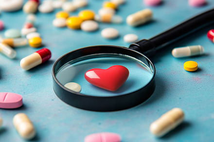 Magnifying Glass Over Heart Symbol Surrounded by Various Pills, an Abstract Photo by Natalia Klenova's Shop