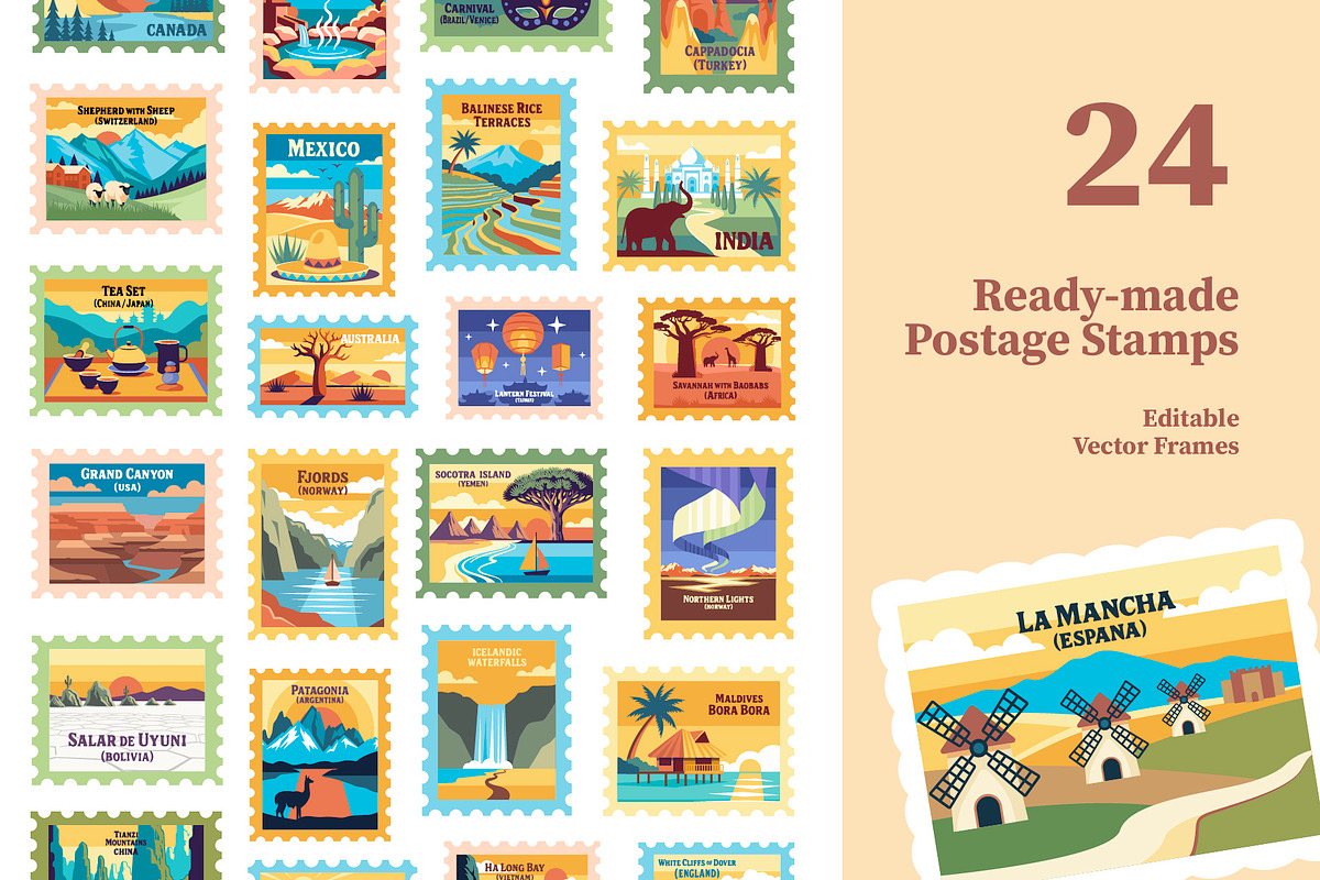 Travel Stickers and Retro Postage, an Object Illustration by Lettering_Logo (Photo 2 of 14)