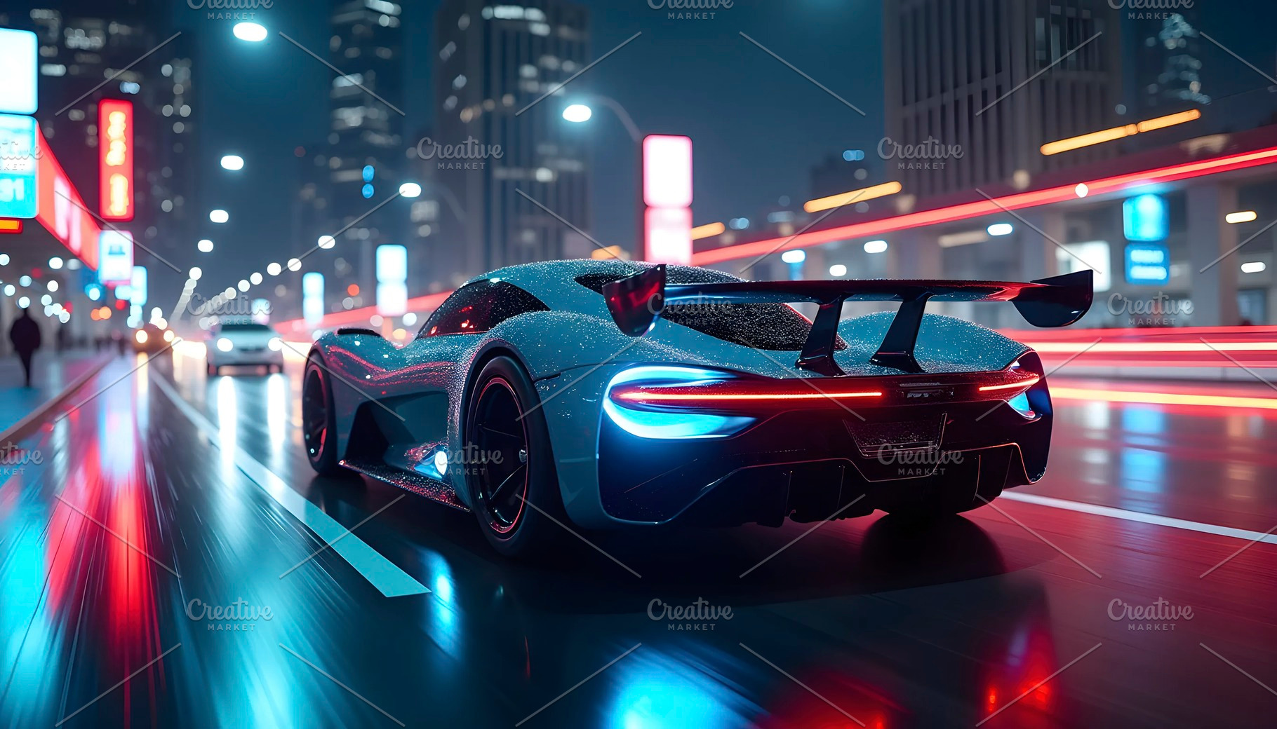 Futuristic car driving on neon-lit c, a Photo by LOGOCREATIVE