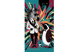 Stylish Zebra And Penguin In Trendy