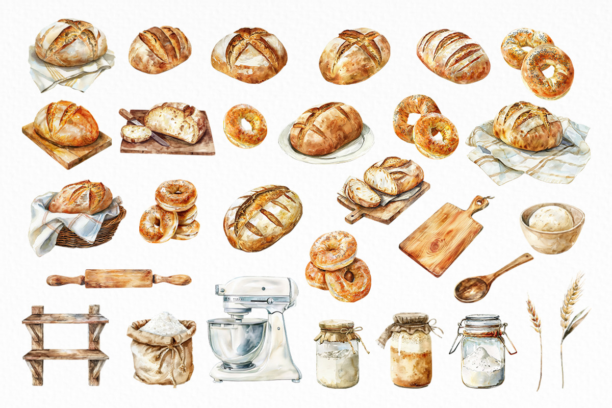 Watercolor Sourdough Bread Clipart, a Food Illustration by SvetaArtStore (Photo 3 of 6)