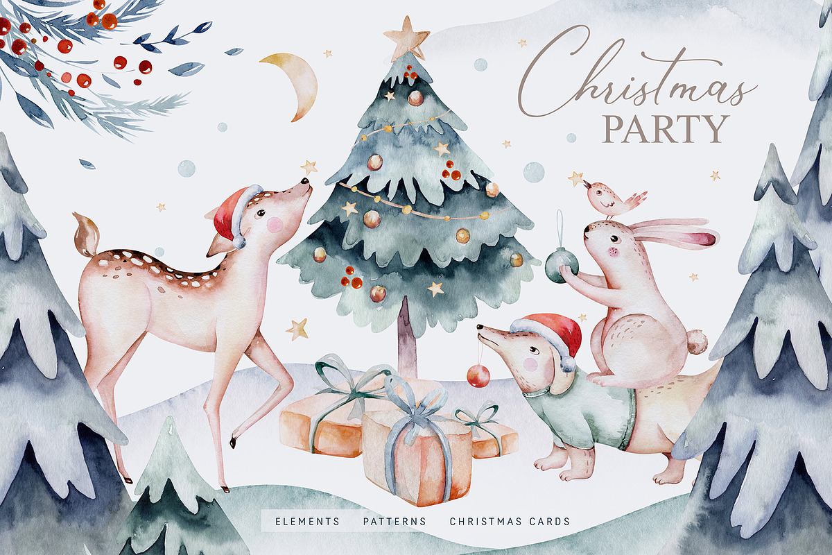 Christmas party. Watercolor set, an Animal Illustration by Peace ART (Photo 1 of 10)