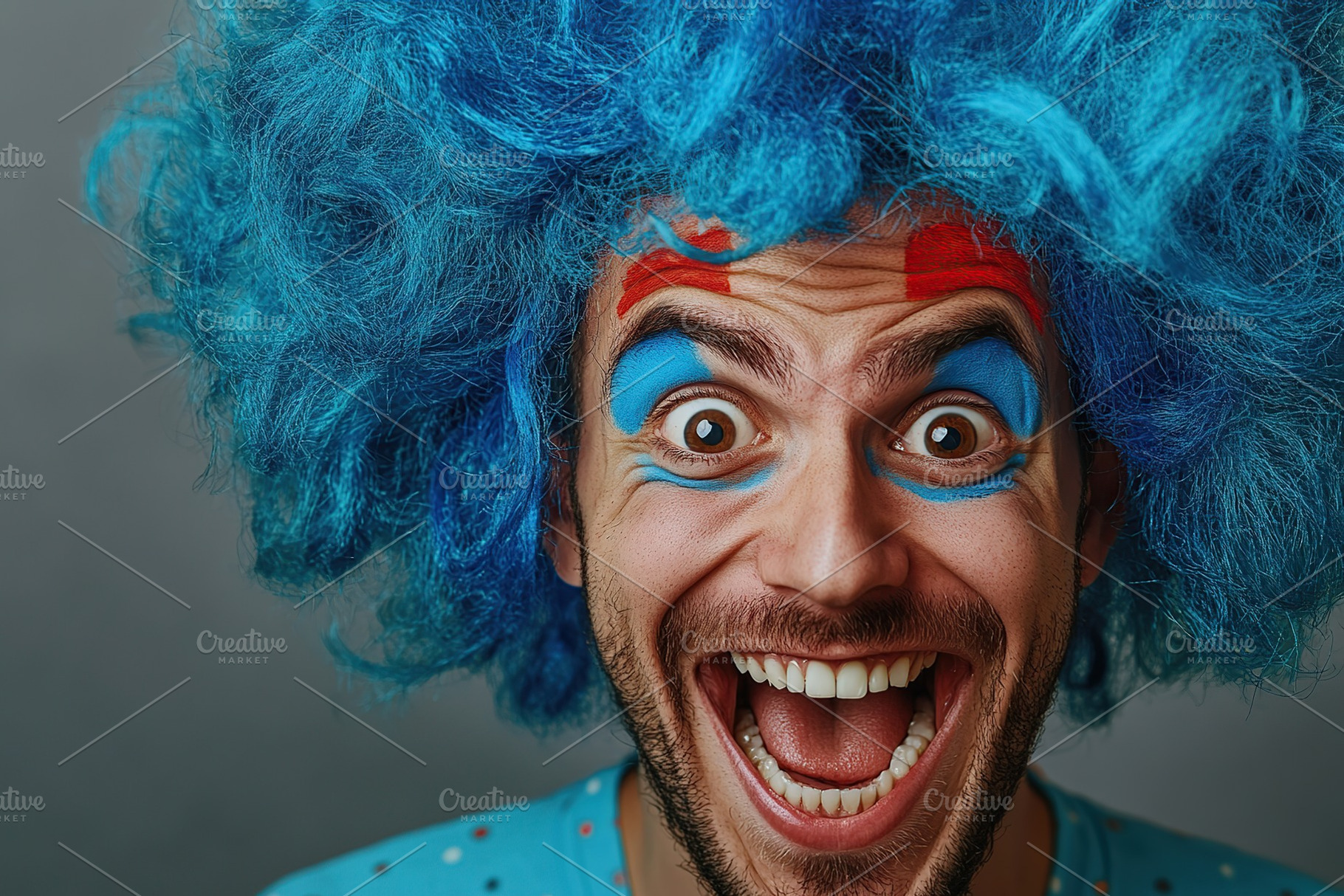 Portrait of handsome emotional man in blue wig on grey background, a Person Photo by AlyaAnd