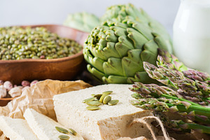 Assortment of healthy vegan protein source and body building food containing