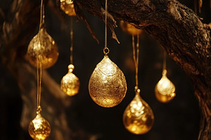 Golden decorative ornaments hanging, a Photo by Tanuart