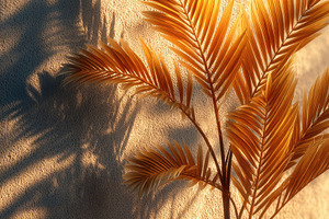 Golden palm leaves with dramatic shadows on textured wall in war, a Beauty & Fashion Photo by José Manuel Gelpi