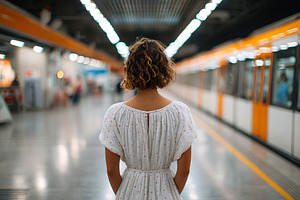 Girl in a white dress stands alone at a subway station waiting for a train, a Photo by AlyaAnd