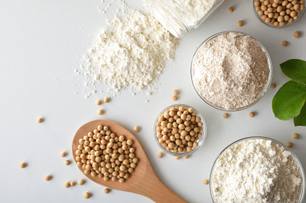 Whole and refined soy flour and soybeans in glass containers, a Food & Drink Photo by Davizro's Market