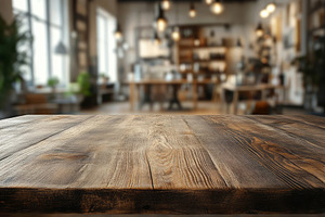 Rustic wooden table in a cozy, well-lit interior setting., a Background Photo by ImageMir