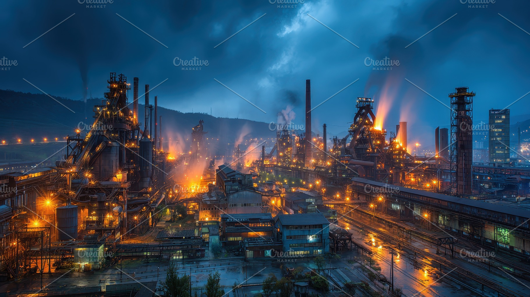 Night view of illuminated steel mill, a Photo by Pixeness Studio