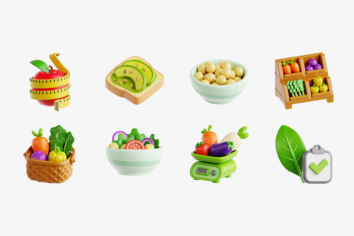 Vegetarian Diet Plan 3D Icon Set, a Food & Drink 3D Model by Eklip Studio (Photo 2 of 3)