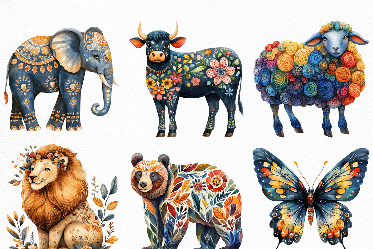 Watercolor Folk Art Animals Clipart, an Illustration by Craft Nest (Photo 2 of 6)