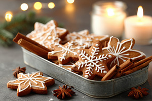 Festive gingerbread snowflake cookies on a wooden tray, a Food & Drink Photo by AlyaAnd
