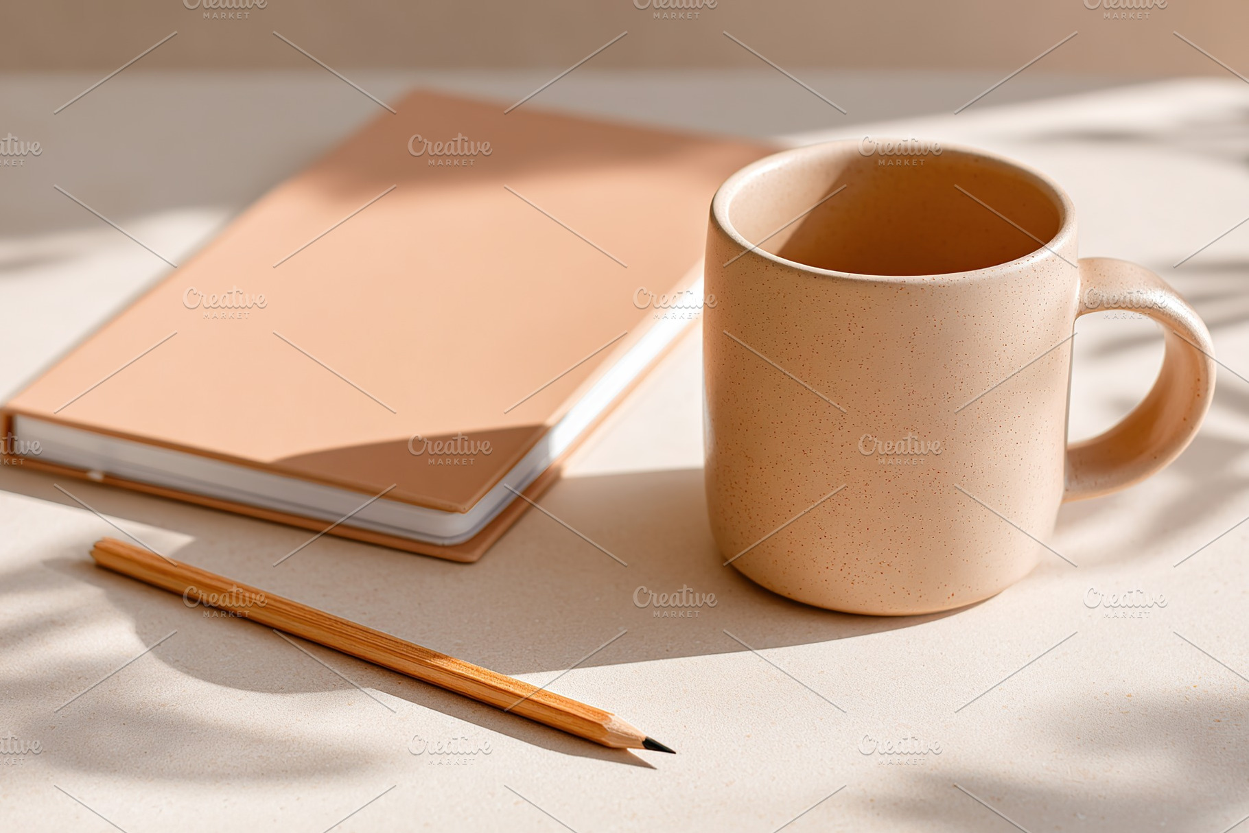 Minimalist flat lay featuring a neutral mug, notebook, and pencil on a soft bac, a Photo by AlyaAnd