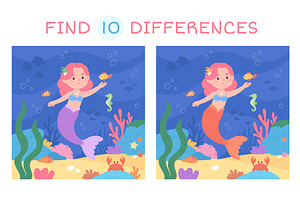 Mermaid find differences game, an Education Illustration by LadadikArt