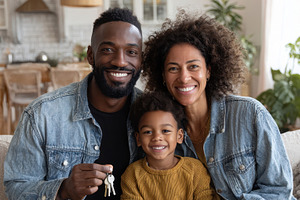 Happy family new home keys child smi, a Photo by Pixeness Studio