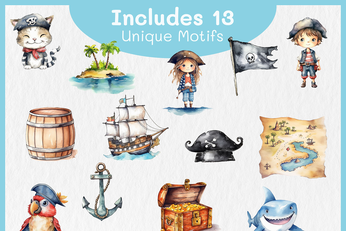 Cute Pirates Watercolor Clipart PNG, a Decorative Illustration by Digital Dreamscaping (Photo 2 of 4)
