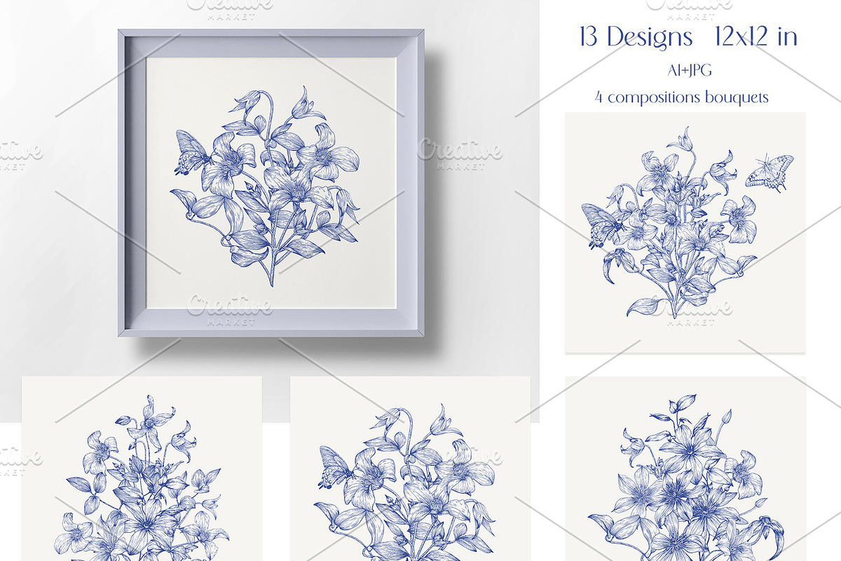Vintage Flowers Vector blue Toile, an Object Graphic by ON_lineart_store (Photo 6 of 10)