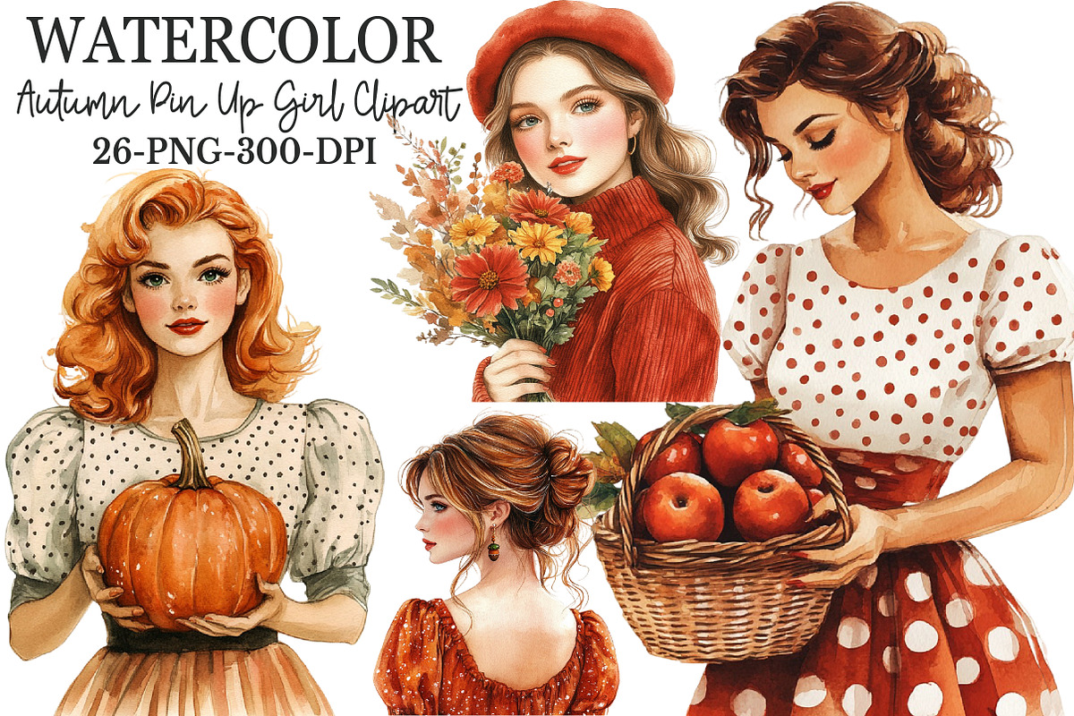 Vintage Pin Up Autumn Girl Clipart, an Illustration by Rose Art (Photo 1 of 7)