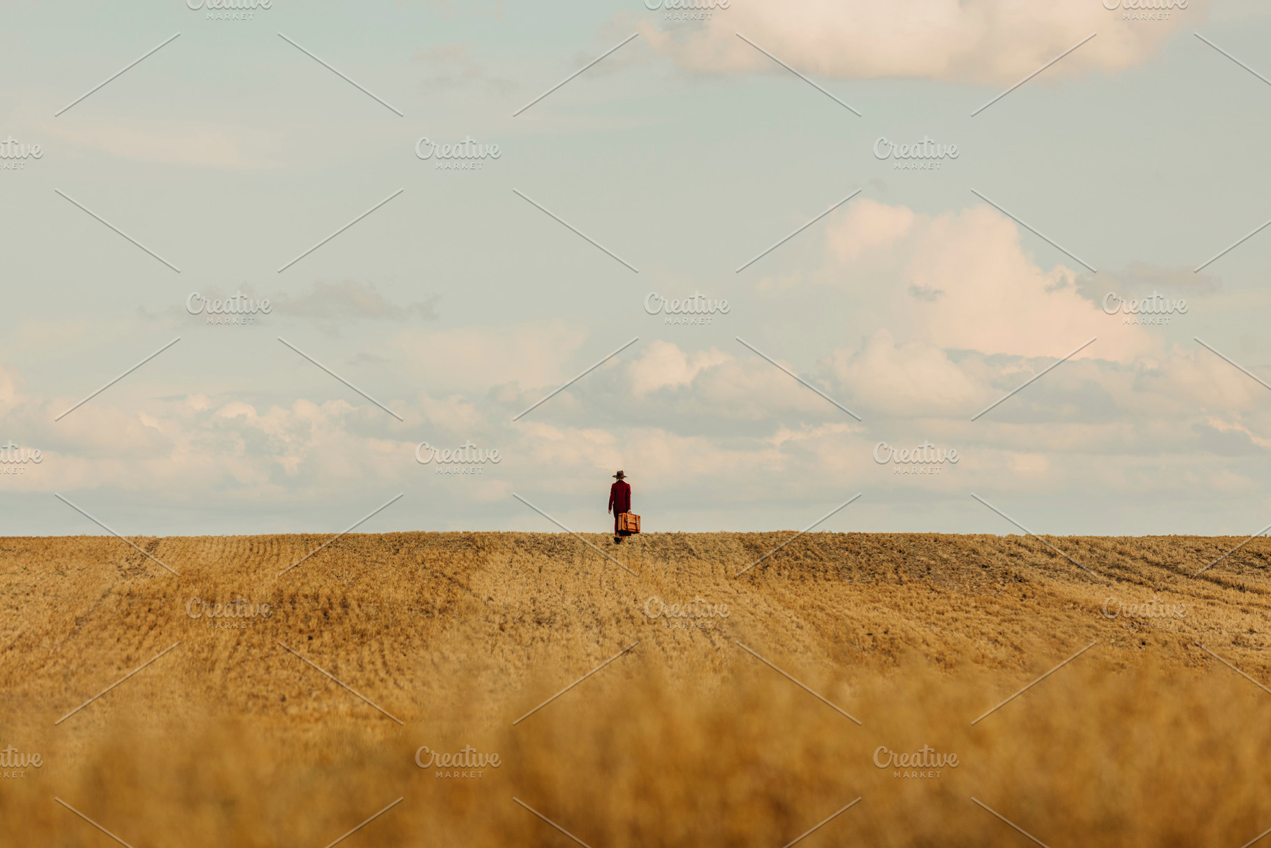 Stylish woman in vintage hat red coat with suitcase on wheat fie, a Person Photo by Masson Simon
