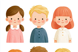 Set of nine cute smiling kids avatars. Drawing with children diverse in hair co, an Illustration by Studio ANNA