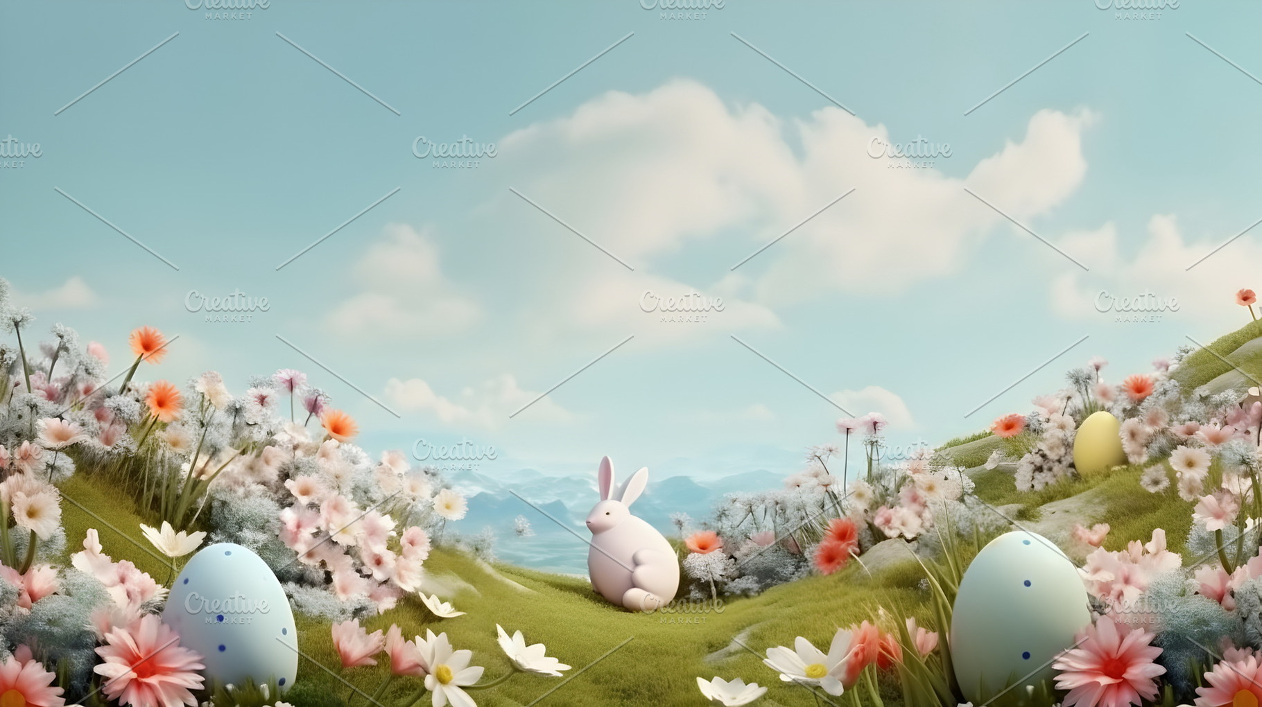 Cute fluffy Easter bunny with Easter colorful eggs in green spri, a Holiday Photo by Mashimara