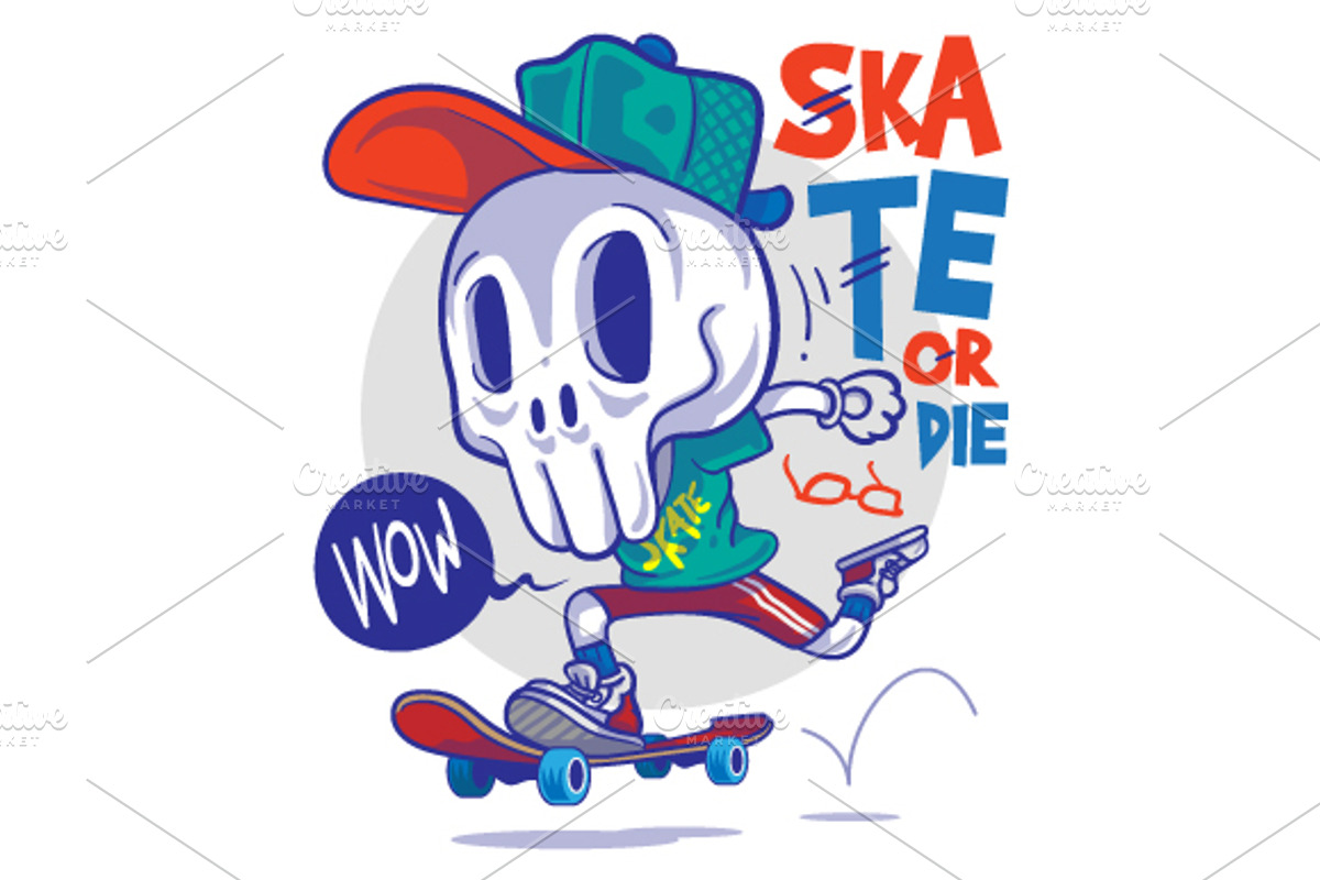 Funny Cartoon Skull and Skateboard, an Illustration by Garden Project