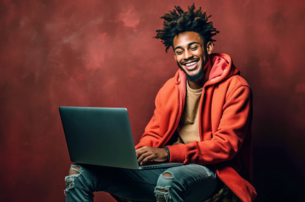 Young African man uses laptop, smili, a Photo by Lopatin Photo