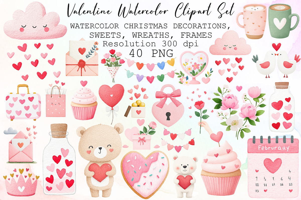 Valentine Watercolor Clipart Set, an Illustration by Sublimation Artist (Photo 1 of 6)