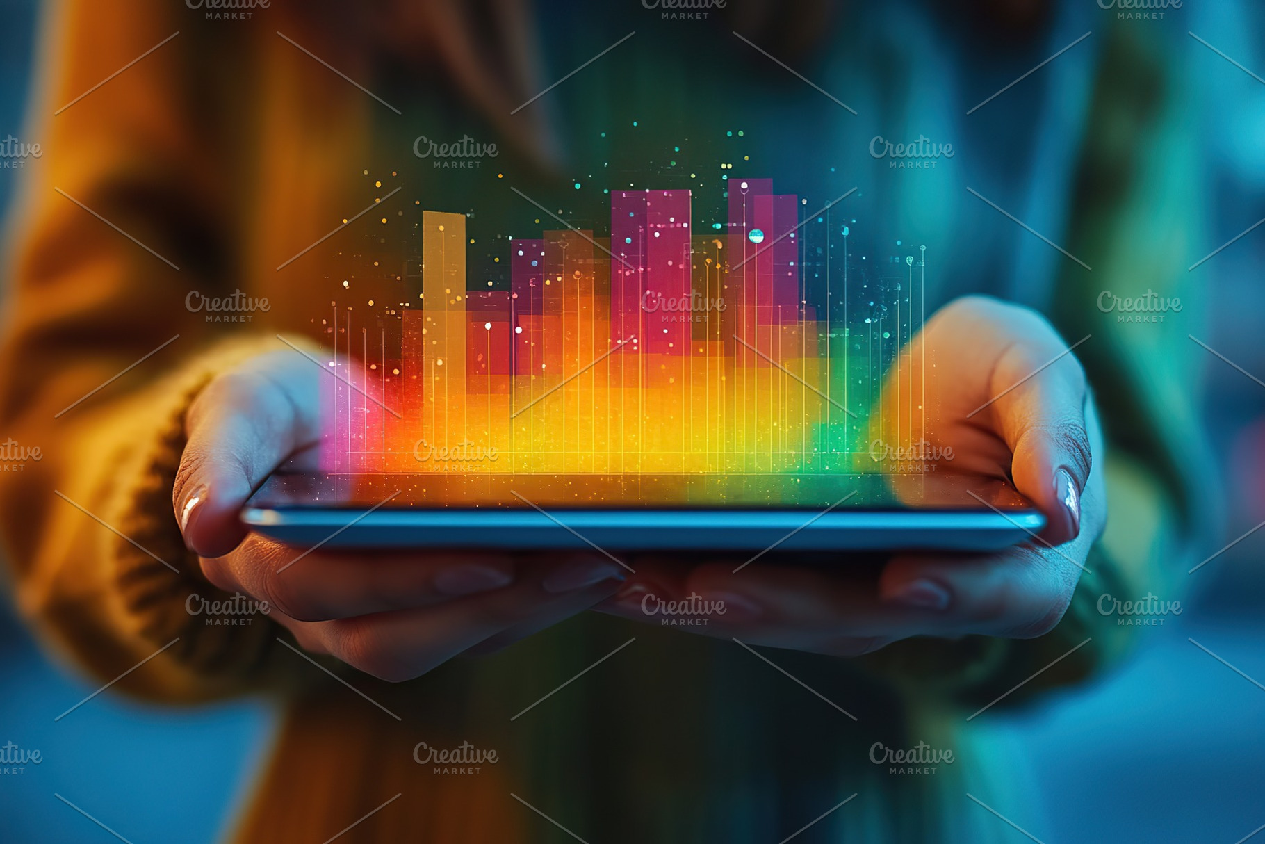 Businesswoman holding tablet pc with growing and glowing bar chart, a Photo by AlyaAnd