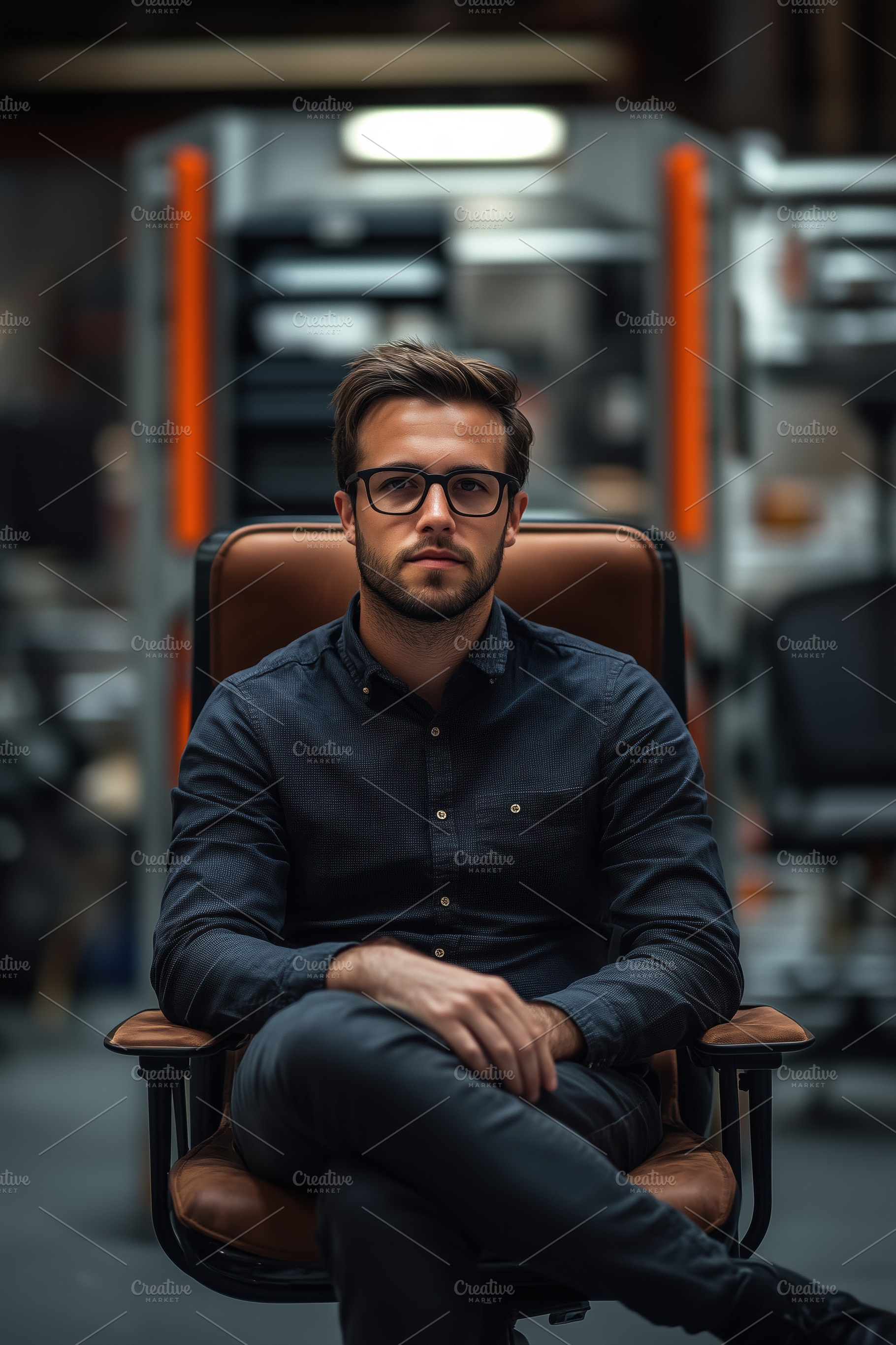 A industrial designer young man with glasses sitting confidently in a modern of, a Person Photo by Textures & Backgrounds