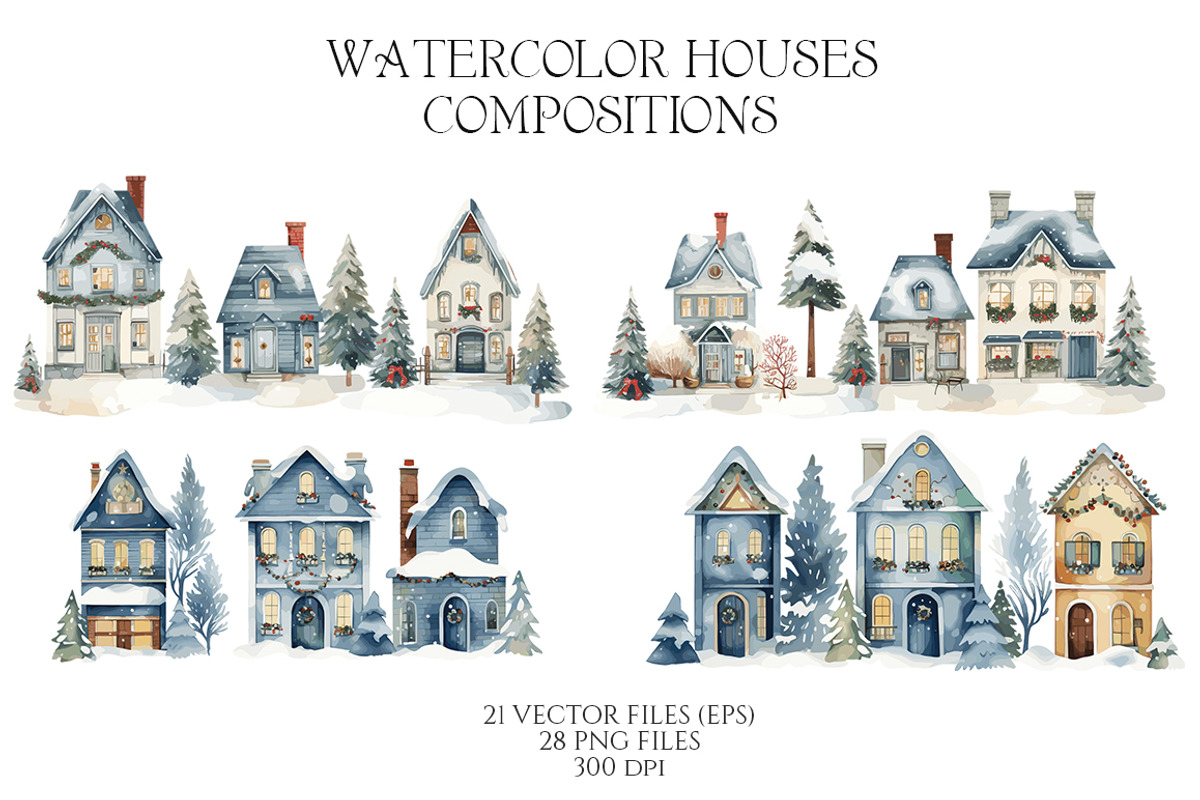 Watercolor Winter Blue houses, an Object Illustration by Evgeniia (Photo 3 of 6)