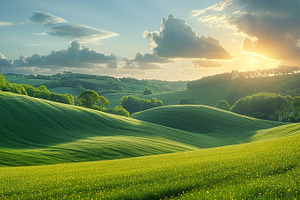 Breathtaking sunset over lush green hills with wispy clouds and golden sunlight, a Background Photo by ImageMir