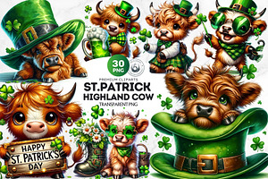 St Patricks day Highland Cow Clipart, an Animal Illustration by ThatsDesignArt