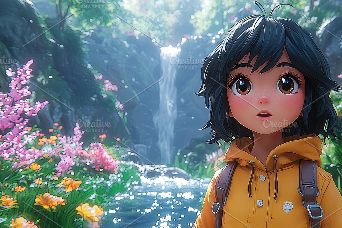 Charming anime character in lush fantasy forest with bright flowers and waterfa, an Illustration by AS photostudio