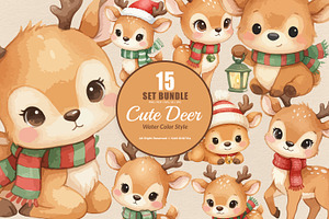 15 Bundle Watercolor Cute Deer Stag, an Animal Illustration by Morspective