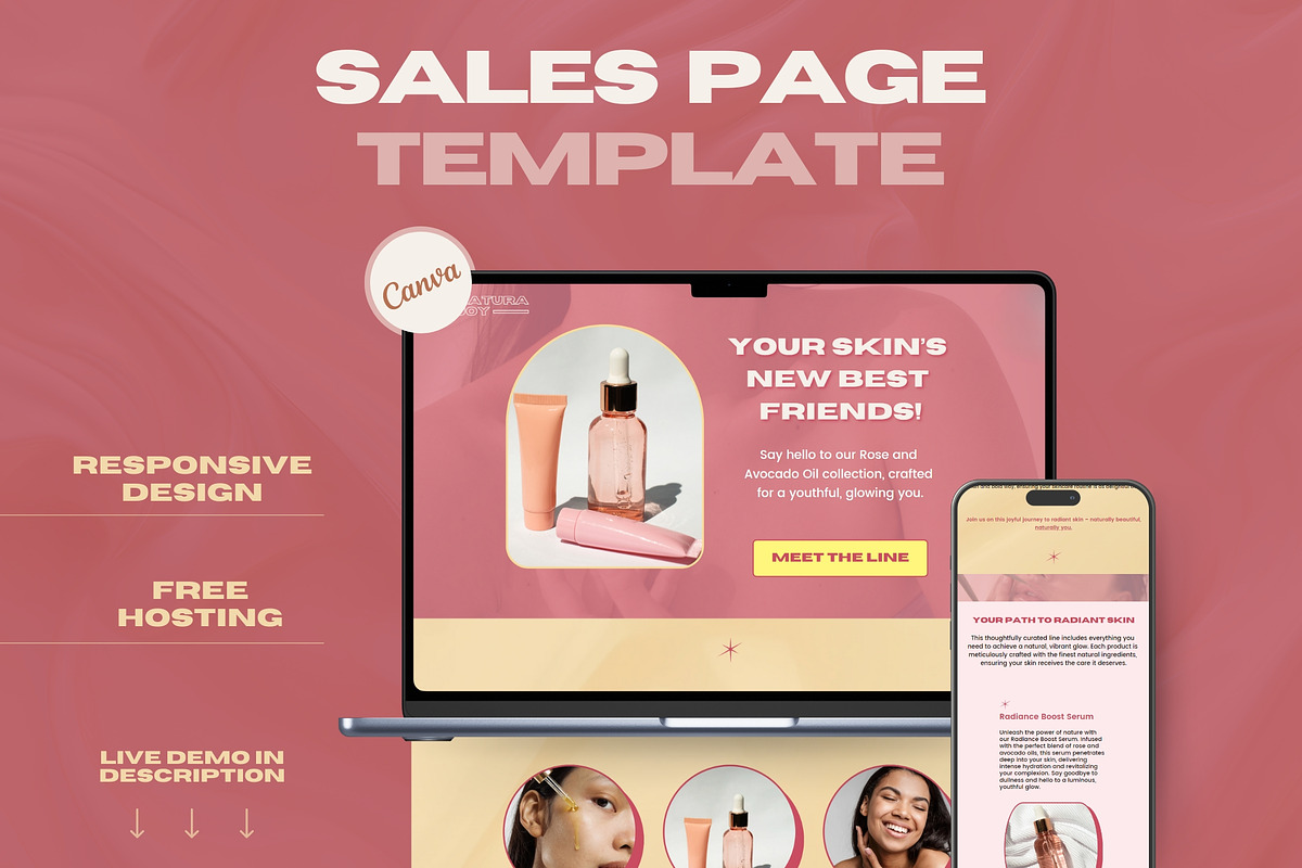 Canva Cosmetic Brand Sales Page, a Landing Page Template by Unalome Design Studio (Photo 1 of 6)
