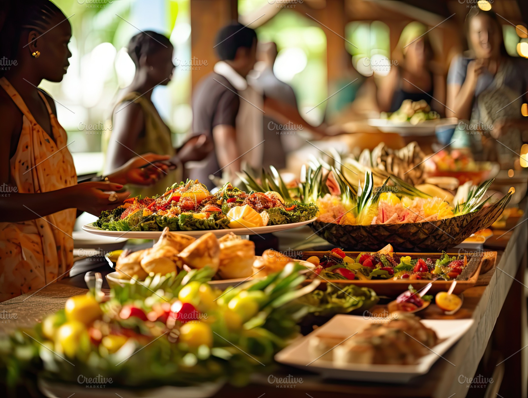 Enjoying buffet in restaurant, with, a Photo by SaroStock