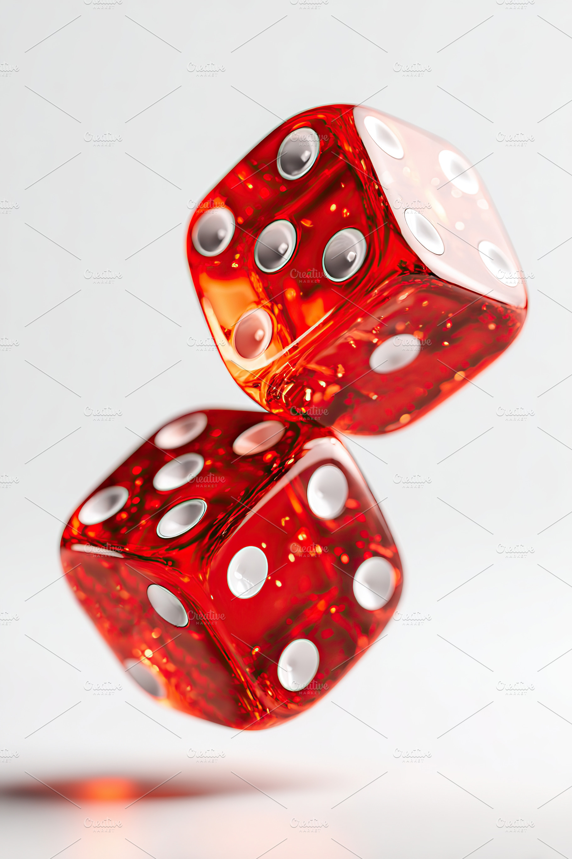 Red dice with white dots floating in mid-air during a game night in an indoor s, an Arts & Entertainment Photo by AlyaAnd