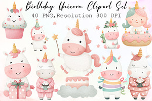 Watercolor Birthday Unicorn Clipart, an Illustration by Sublimation Artist