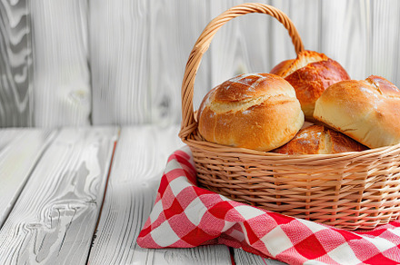 Fresh baked bread in basket on wooden table, a Food & Drink Photo by AlyaAnd