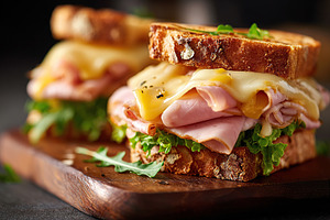 Ham and melted cheese sandwich on whole grain with fresh greens on a wooden boa, a Food & Drink Photo by AlyaAnd