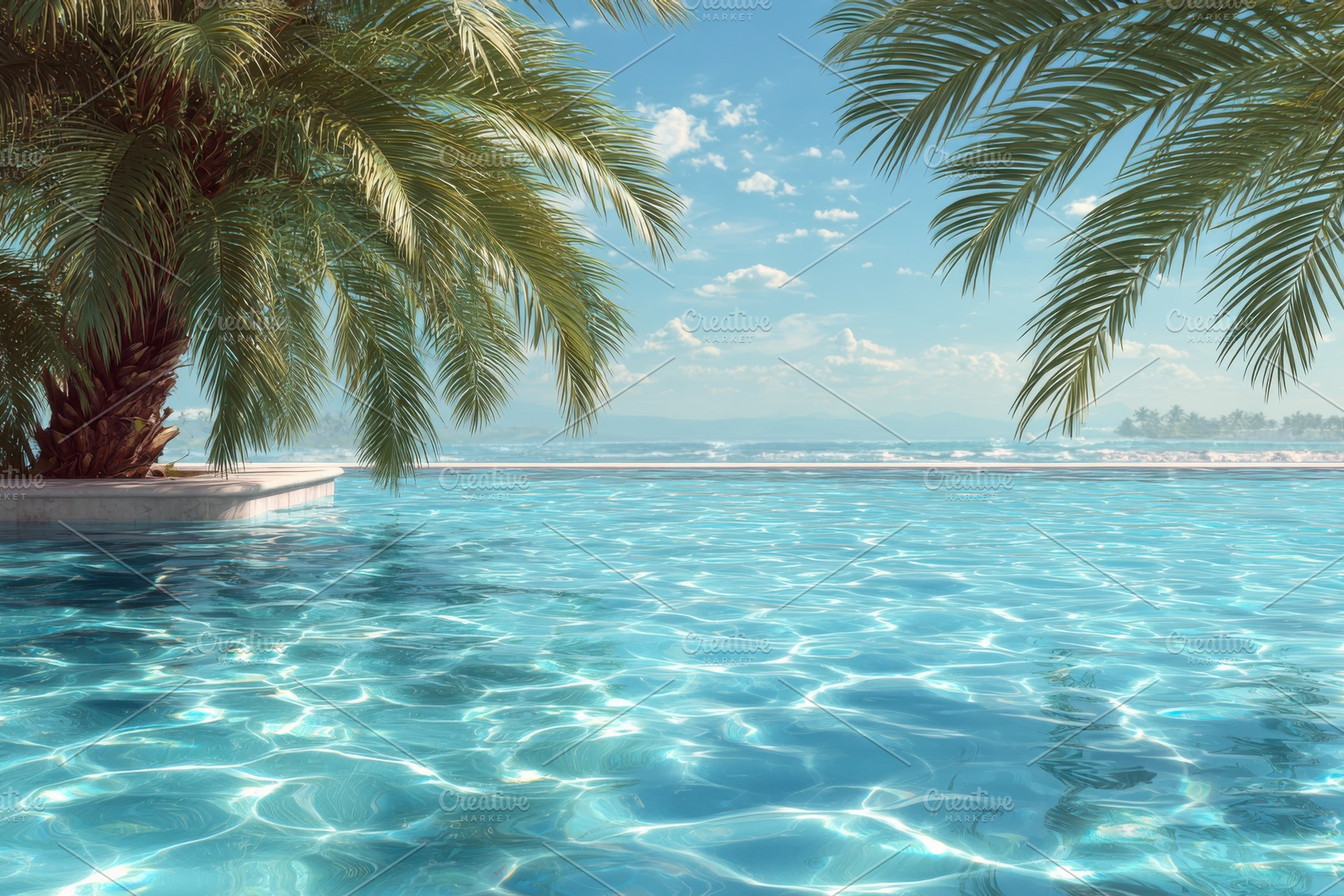 Tranquil Pool Scene Palm Trees Ocean, a Photo by Pixeness Studio