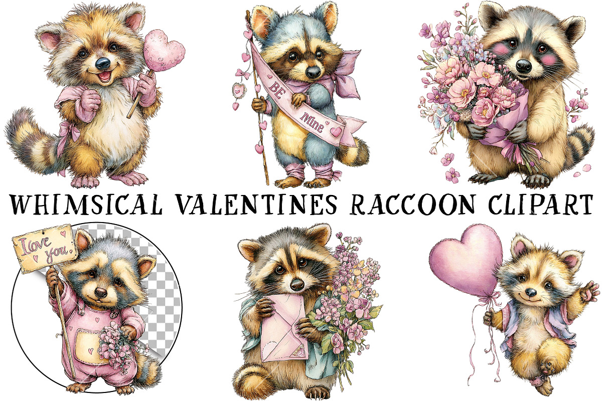 Whimsical Valentine Raccoon Clipart, an Illustration by OK Design (Photo 2 of 6)